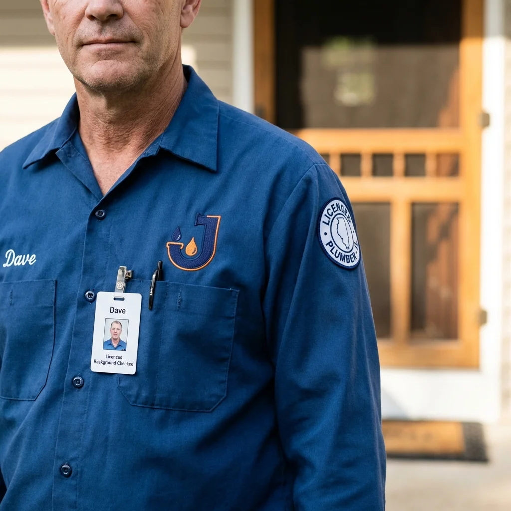 Licensed plumber showing ID badge in Bloomfield, IN