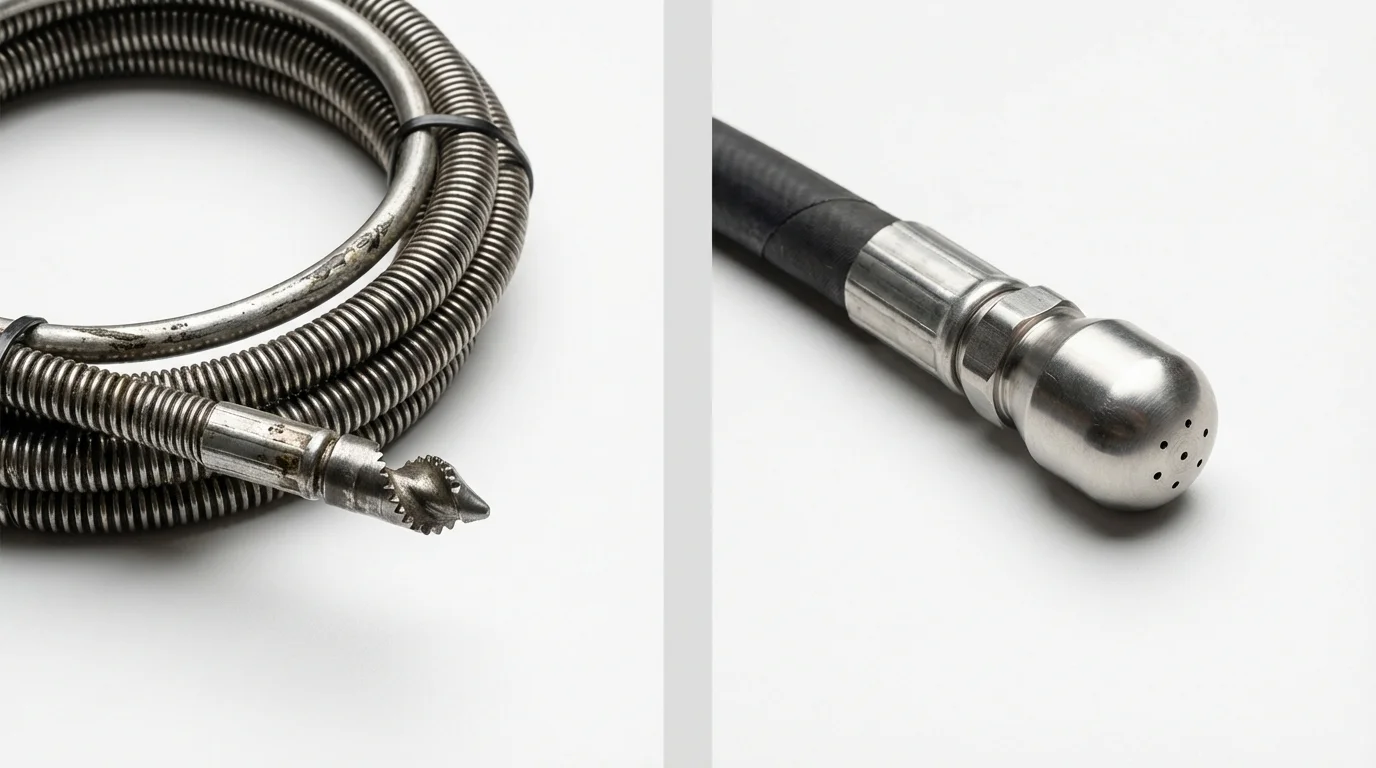 Drain snake cable and hydro jetting nozzle used for drain cleaning in Bloomfield, IN