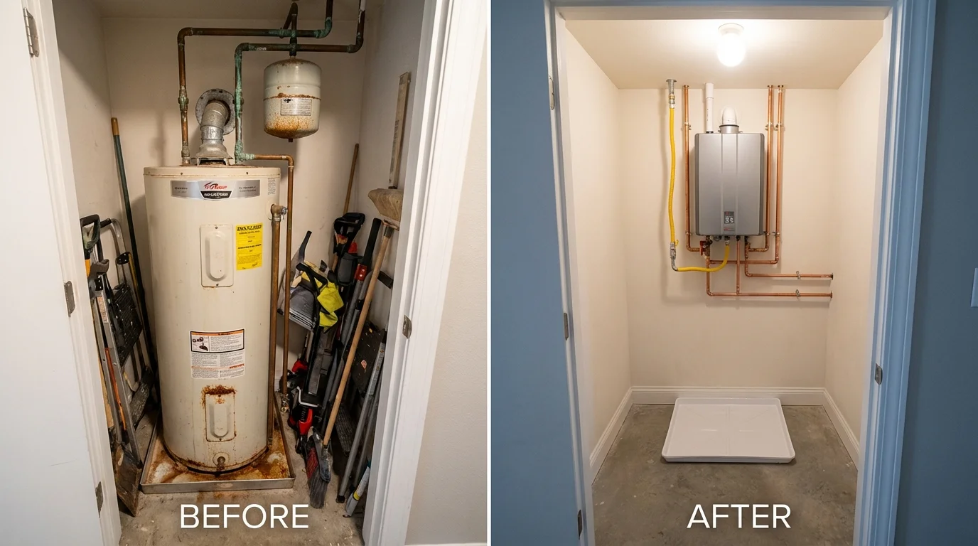 Tank water heater versus wall-mounted tankless unit comparison for Bloomfield, IN homeowners