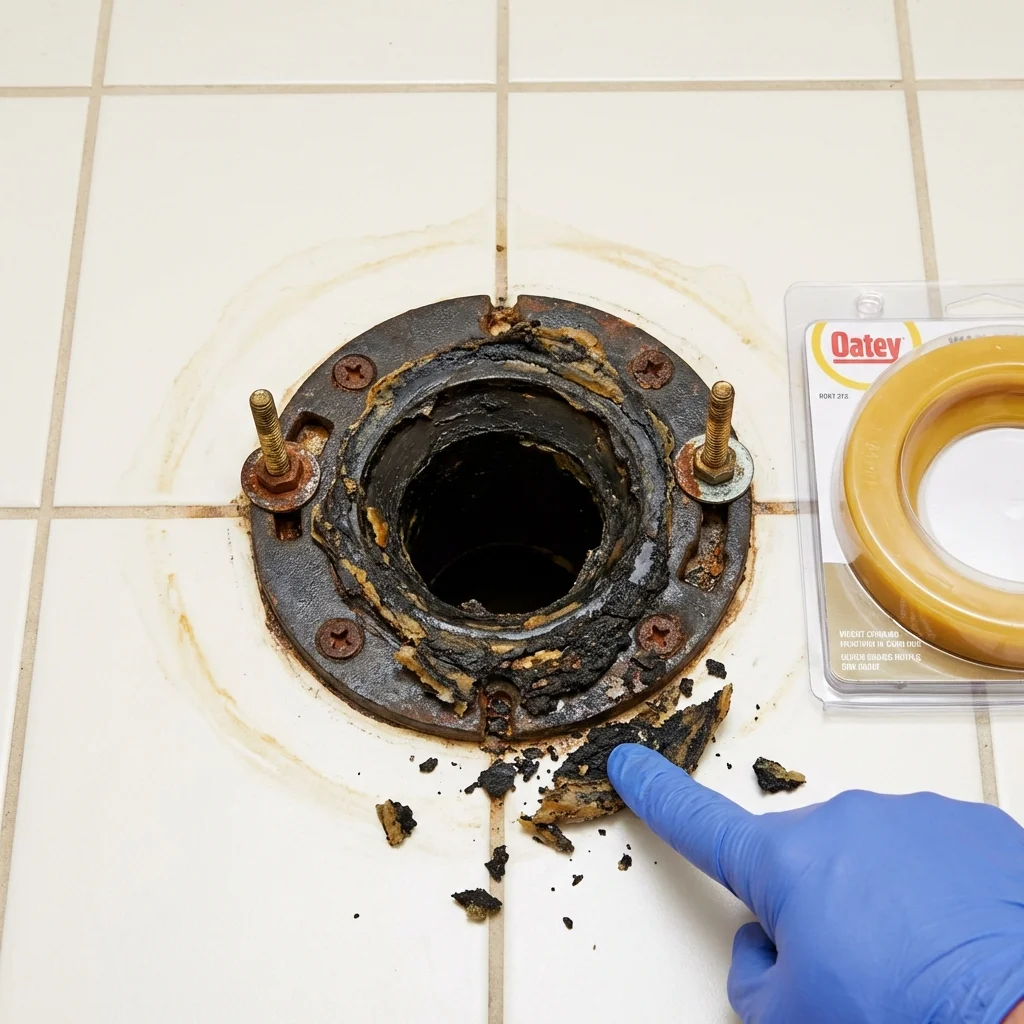 Failed wax ring showing water seepage at the base of a toilet in a Bloomfield, IN home
