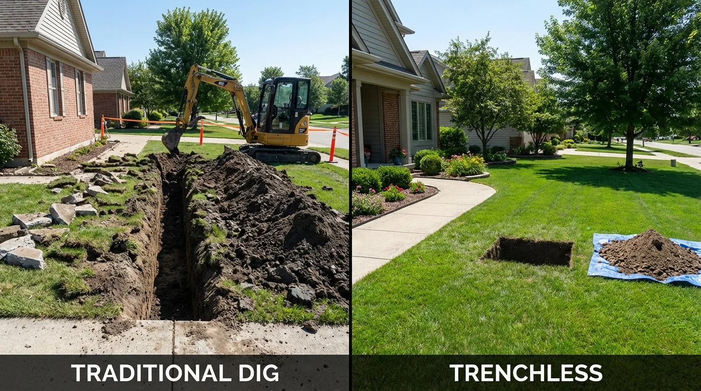 Trenchless sewer repair with minimal yard damage versus traditional excavation in Bloomfield, IN