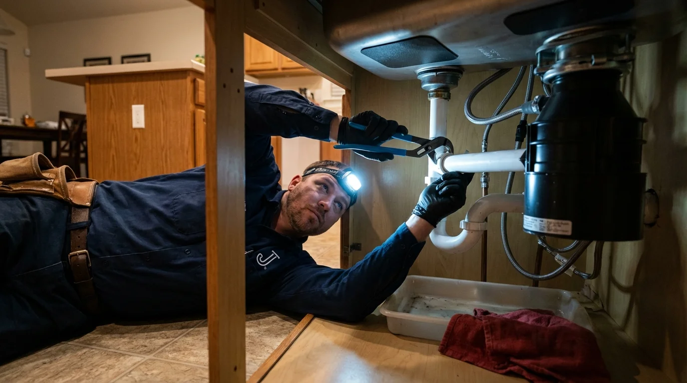 P-trap and supply line connections under a kitchen sink showing a common leak point in Bloomfield, IN